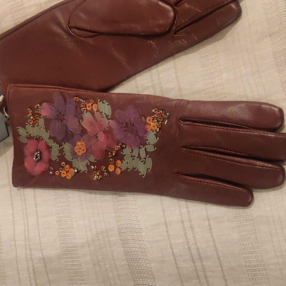 NEW Echo Genuine Burgundy/Red real Leather embroidered beads Gloves Retro Y2K - Picture 2 of 10